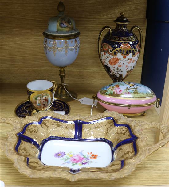 A late Meissen two-handled dish, a Crown Derby vase and cover, a jewelled cassolet, a cup and saucer and a casket